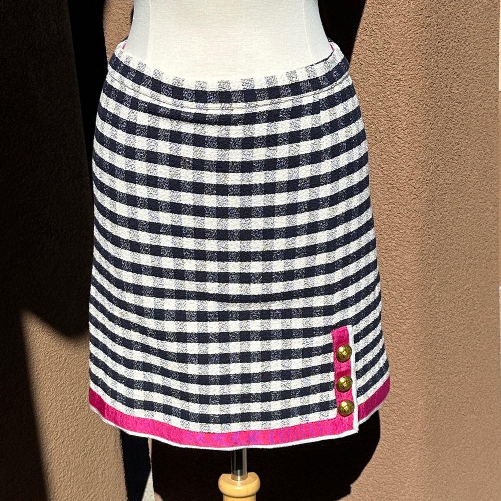 J.Crew Gingham Mini Skirt Navy White Pink Trim Gold Buttons Size 10